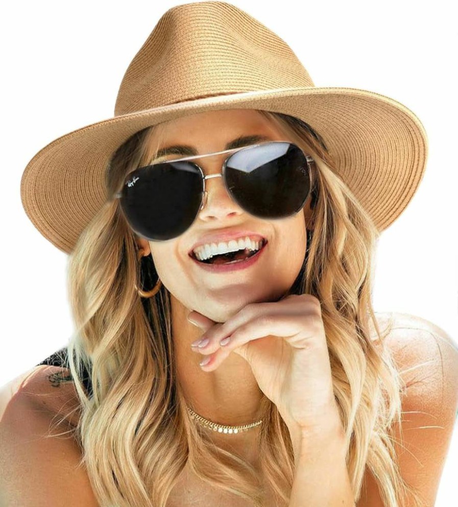 FURTALK Women's Summer Wide Brim UPF 80+ Straw Fedora Hat - Foldable Packable Panama Beach Sun Hat for UV Protection
