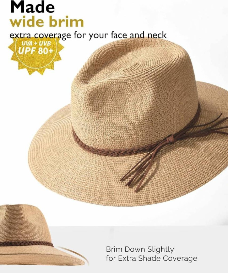 FURTALK Women's Summer Wide Brim UPF 80+ Straw Fedora Hat - Foldable Packable Panama Beach Sun Hat for UV Protection