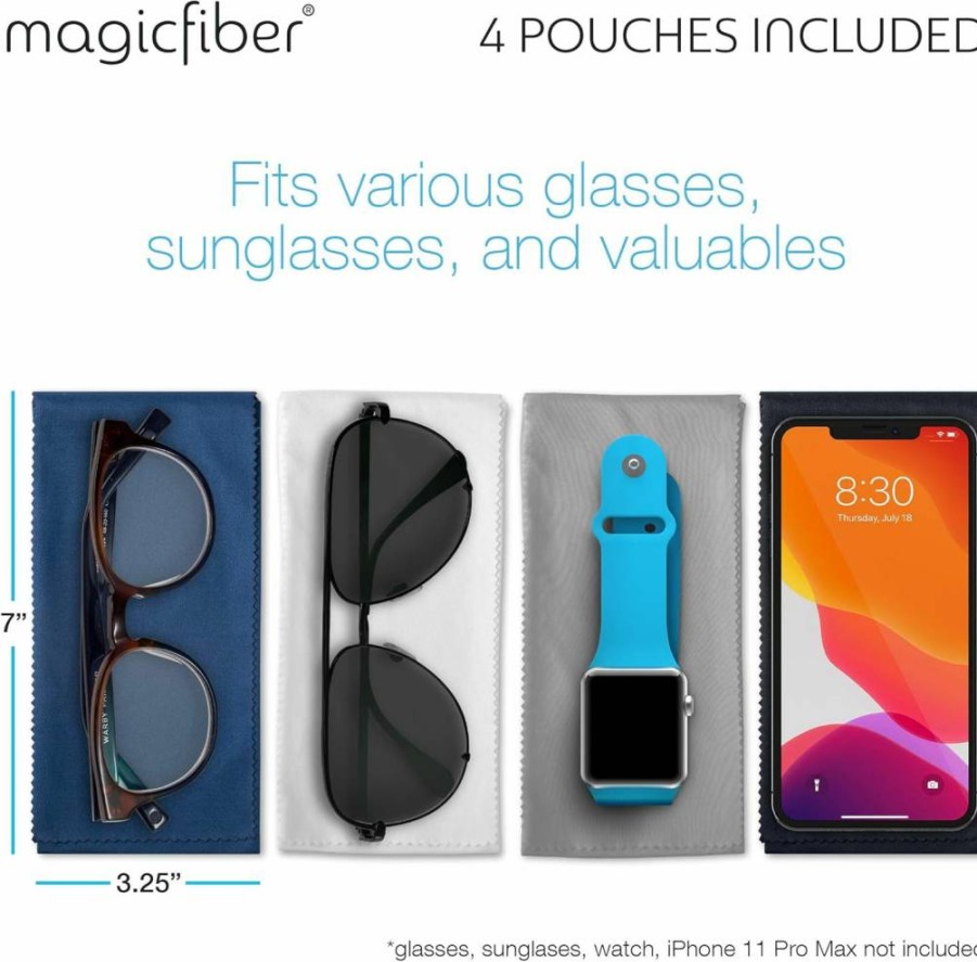 MagicFiber 4-Pack Premium Microfiber Eyeglass Cleaning Cloth & Storage Case Set - Soft Lens Cleaner Wipes with Protective Pouch for Glasses, Sunglasses - Men & Women Accessories