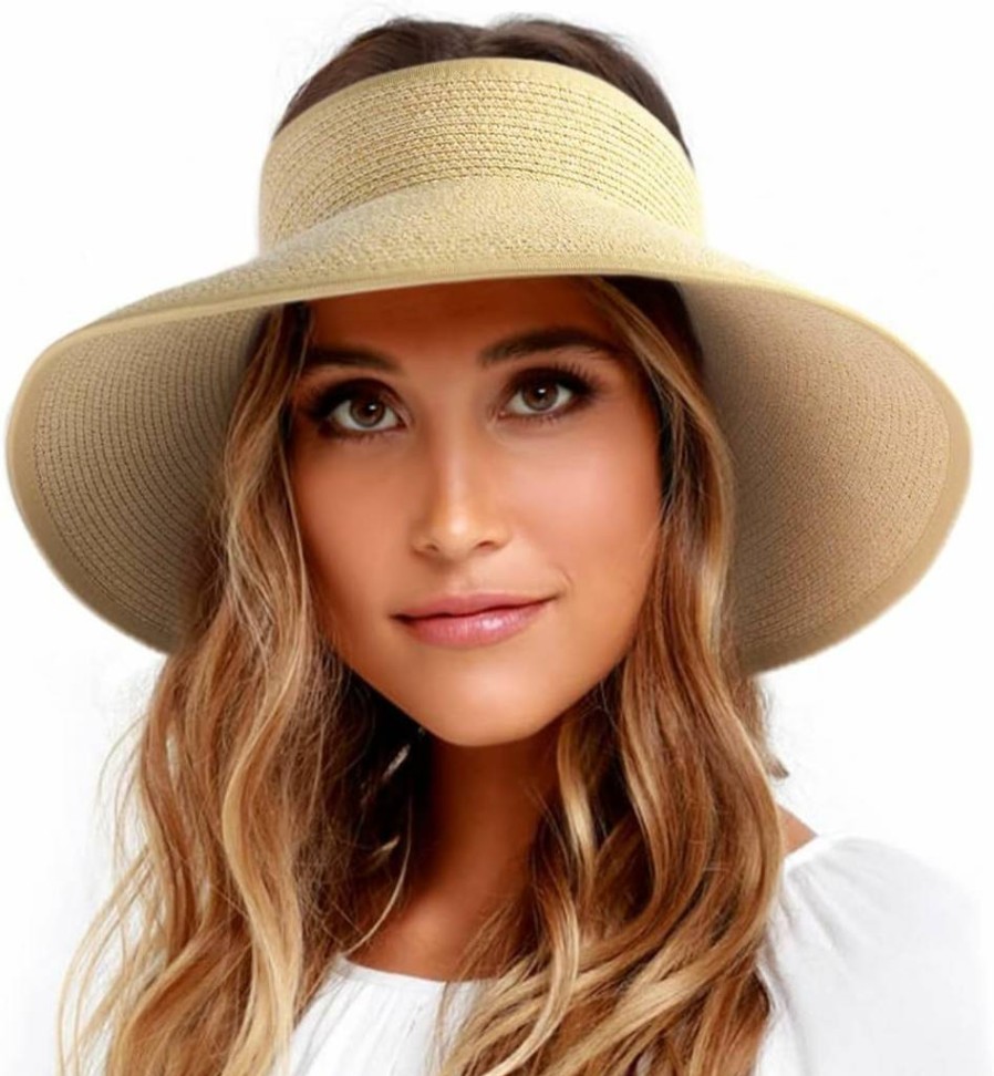 FURTALK Women's Wide Brim Straw Sun Hat - UPF UV Protection Packable Beach Hat for Summer, Ponytail-Friendly Foldable Vacation Essentials
