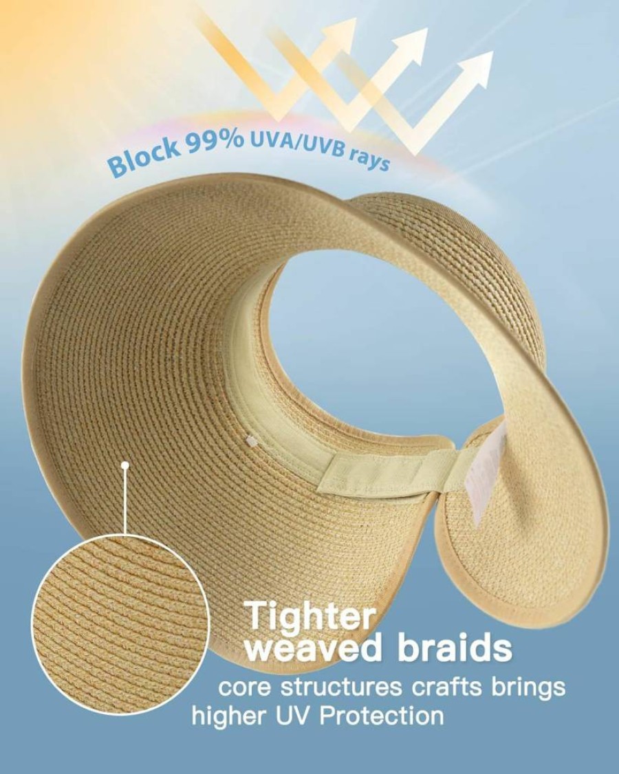 FURTALK Women's Wide Brim Straw Sun Hat - UPF UV Protection Packable Beach Hat for Summer, Ponytail-Friendly Foldable Vacation Essentials