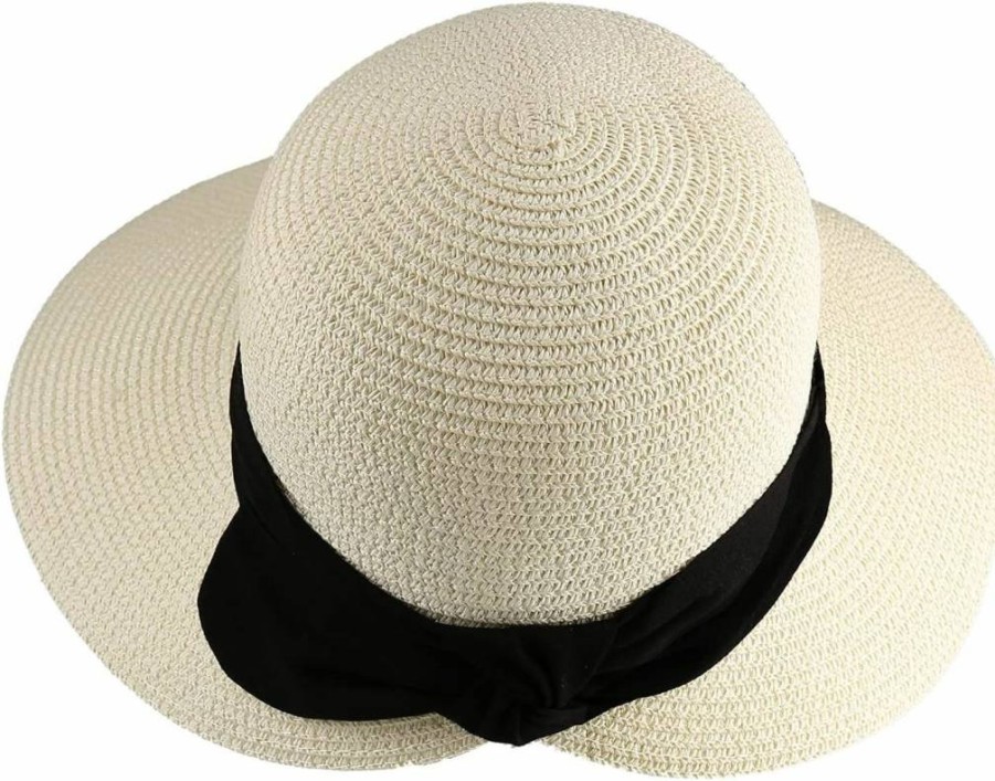 Surblue Women's UPF50+ Wide Brim Straw Sun Hat - Foldable Fedora Beach Hat for Summer Outdoor Protection