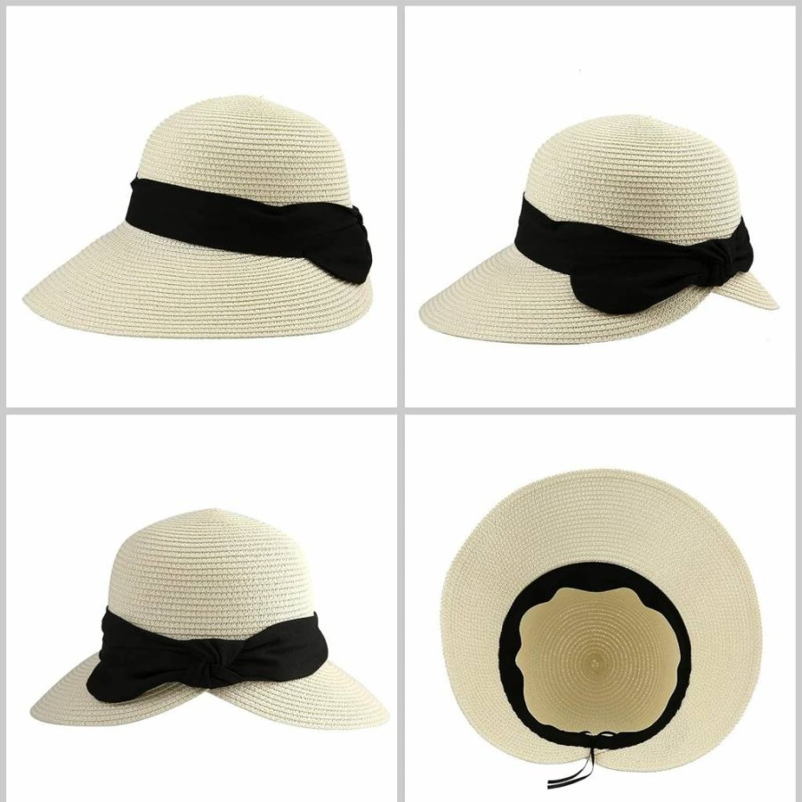 Surblue Women's UPF50+ Wide Brim Straw Sun Hat - Foldable Fedora Beach Hat for Summer Outdoor Protection