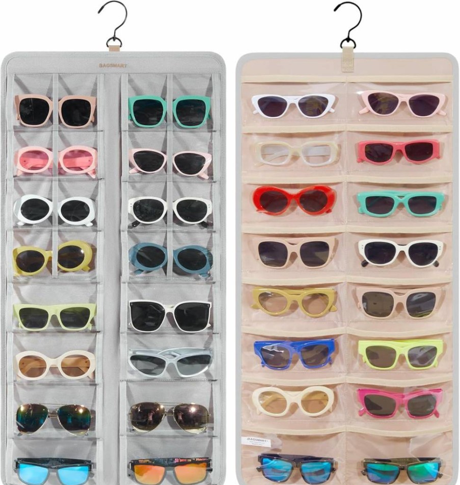 BAGSMART Hanging Jewelry Organizer with 32 Clear Slots, Wall Mounted Sunglasses Storage Case for Multiple Pairs, Dust Proof Travel Eyeglasses Holder with Metal Hook, Black