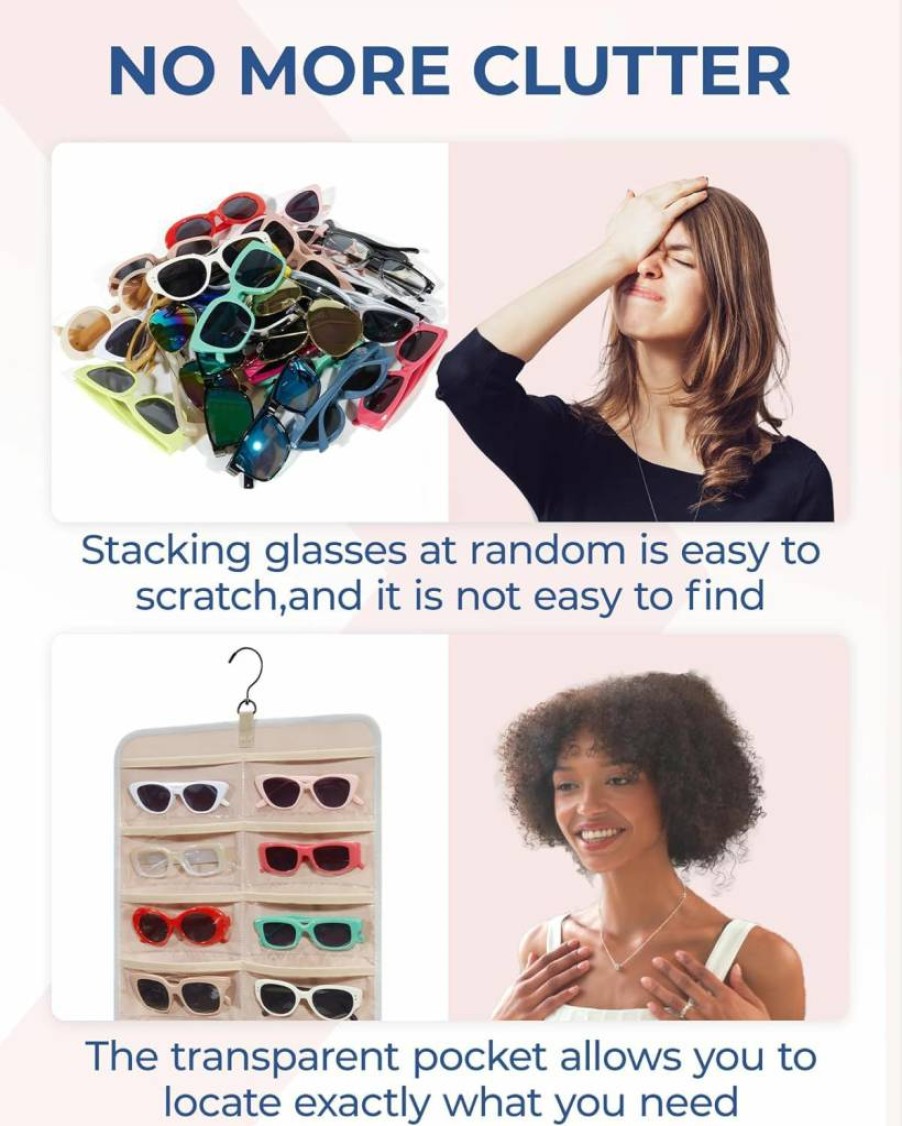 BAGSMART Hanging Jewelry Organizer with 32 Clear Slots, Wall Mounted Sunglasses Storage Case for Multiple Pairs, Dust Proof Travel Eyeglasses Holder with Metal Hook, Black