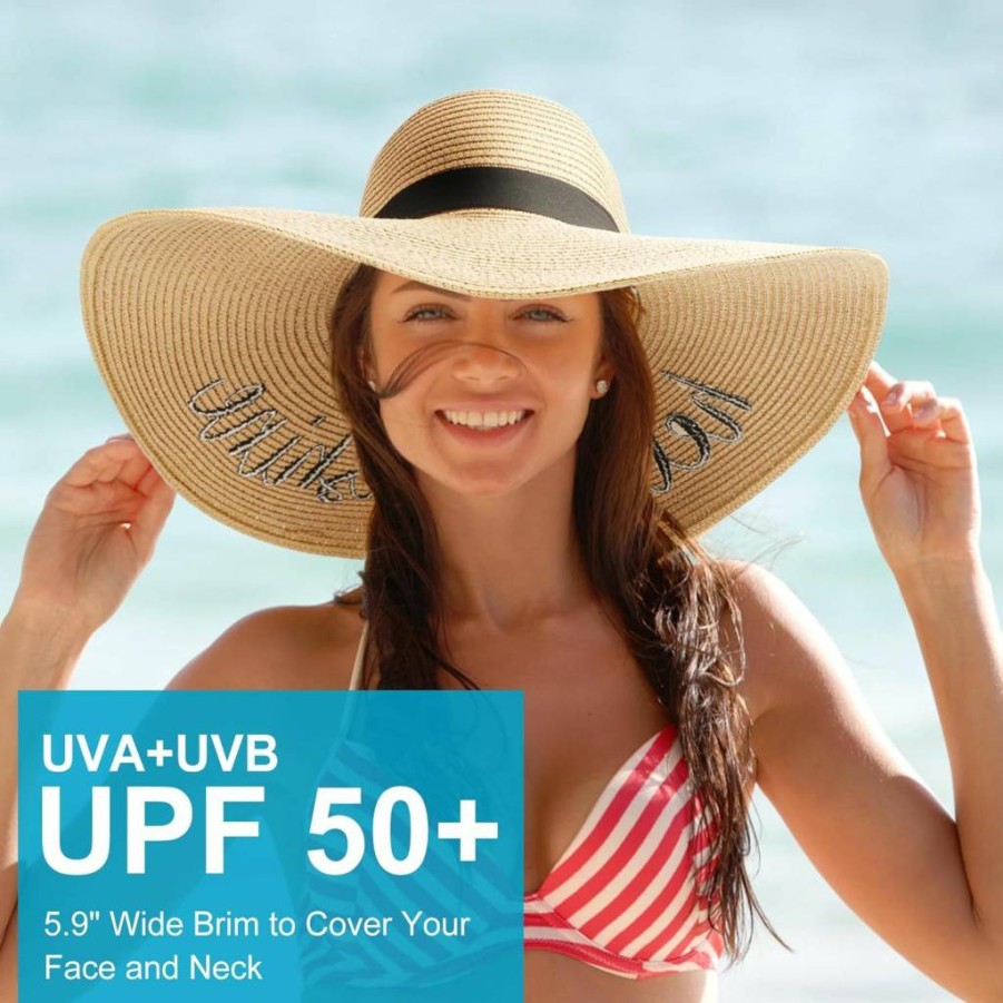 DRESHOW Women's Wide Brim Straw Sun Hat UPF 50+ Foldable Floppy Beach Hat for Summer