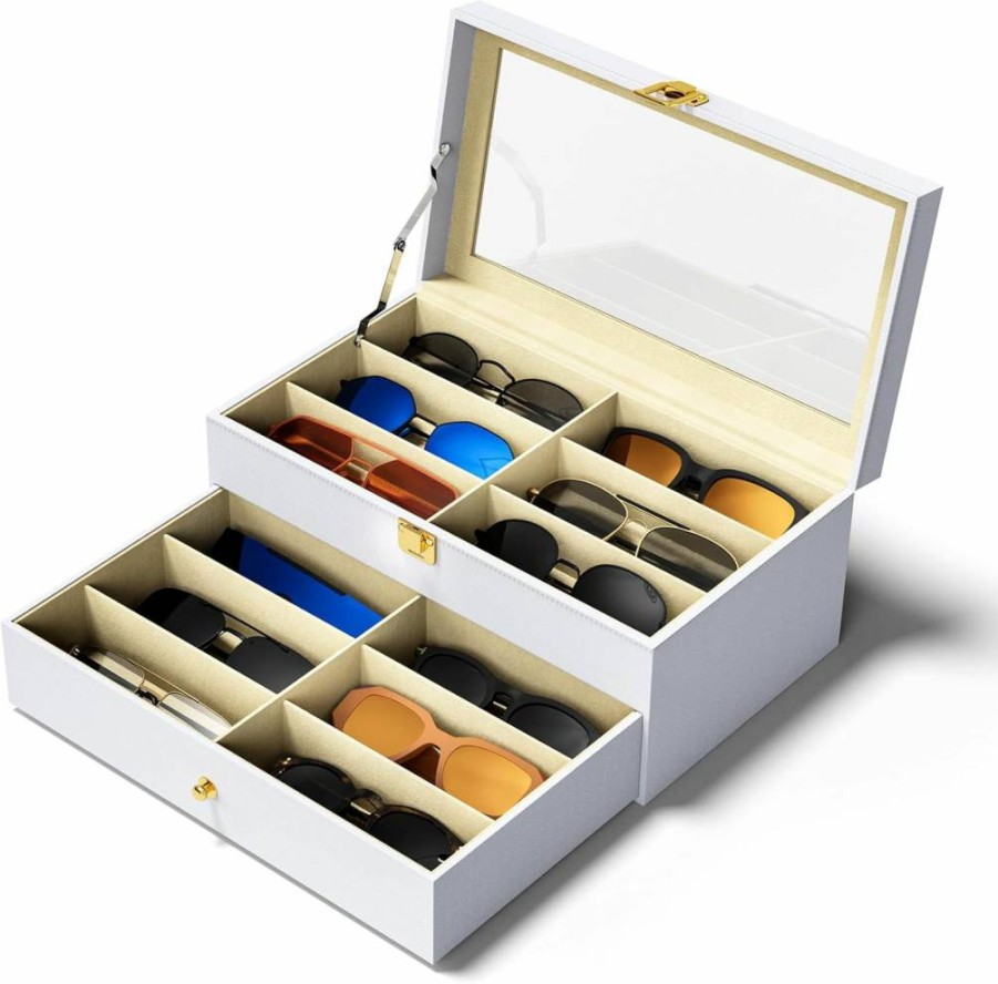 NEWLOOP 12/16 Slot Sunglasses Storage Box - Hard Shell Glasses Organizer & Display Case for Multiple Pairs (Men/Women)