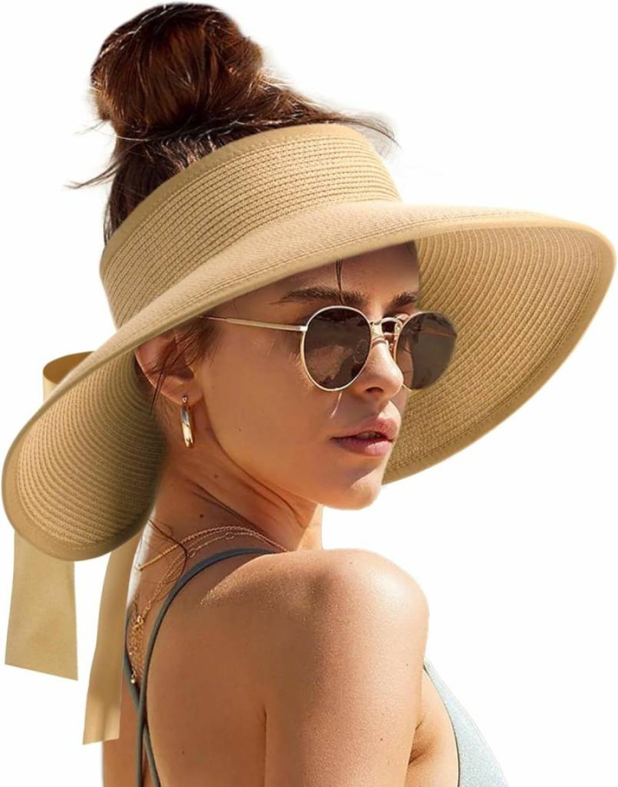 Camptrace Women's Wide Brim Foldable Straw Sun Visor Hat - UPF 80+ Packable Beach Hat for Summer with Ponytail Hole