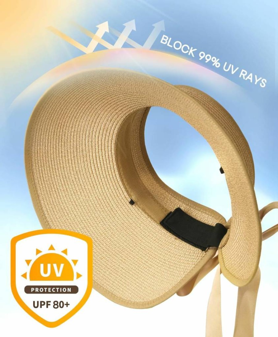 Camptrace Women's Wide Brim Foldable Straw Sun Visor Hat - UPF 80+ Packable Beach Hat for Summer with Ponytail Hole
