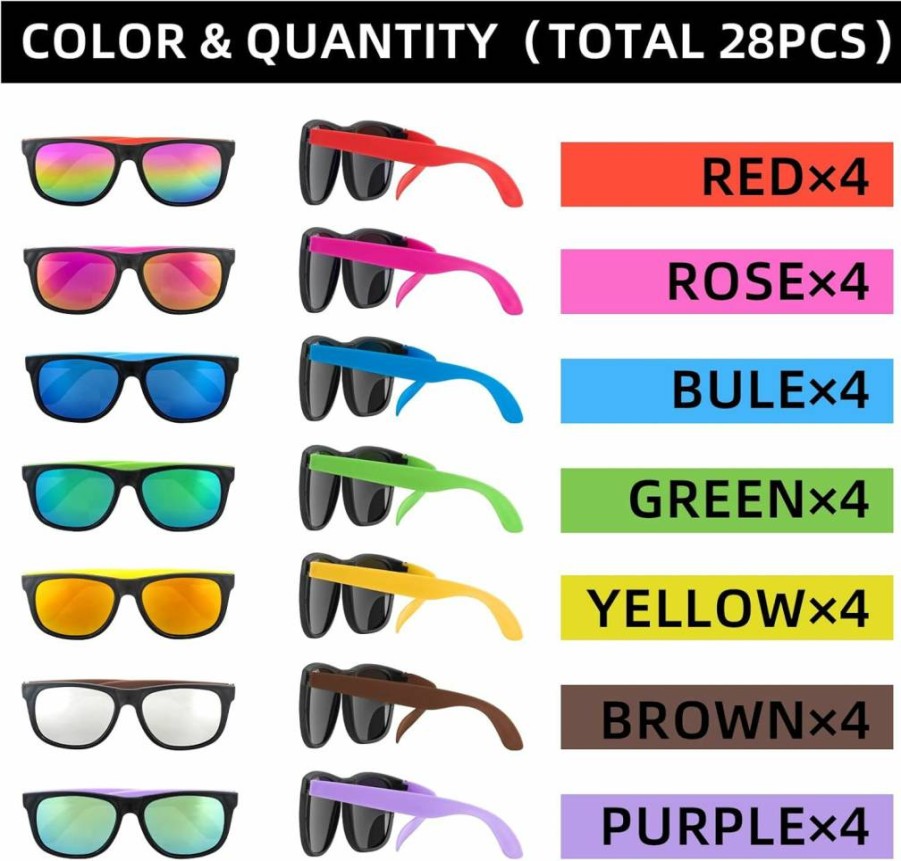 LianMan Toys 28 Pack Neon 80'S Retro Sunglasses - 7 Color Bulk Party Favors for Adults & Teens, Summer Pool, Beach, Birthday, Graduation, Outdoor Events & Goody Bags