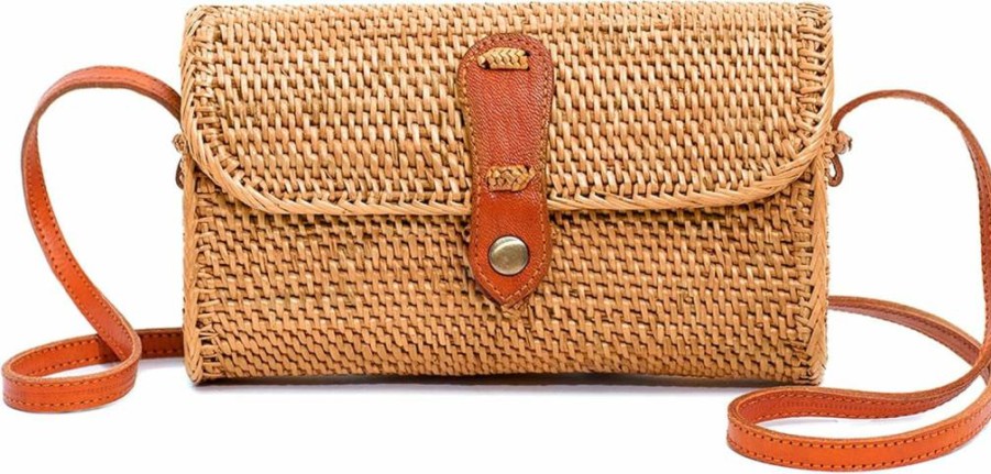 Novum Crafts Handmade Rattan Purse for Women - Boho Woven Straw Bag in Circle, Square & Oval Shapes - Brown Ata Wicker Basket