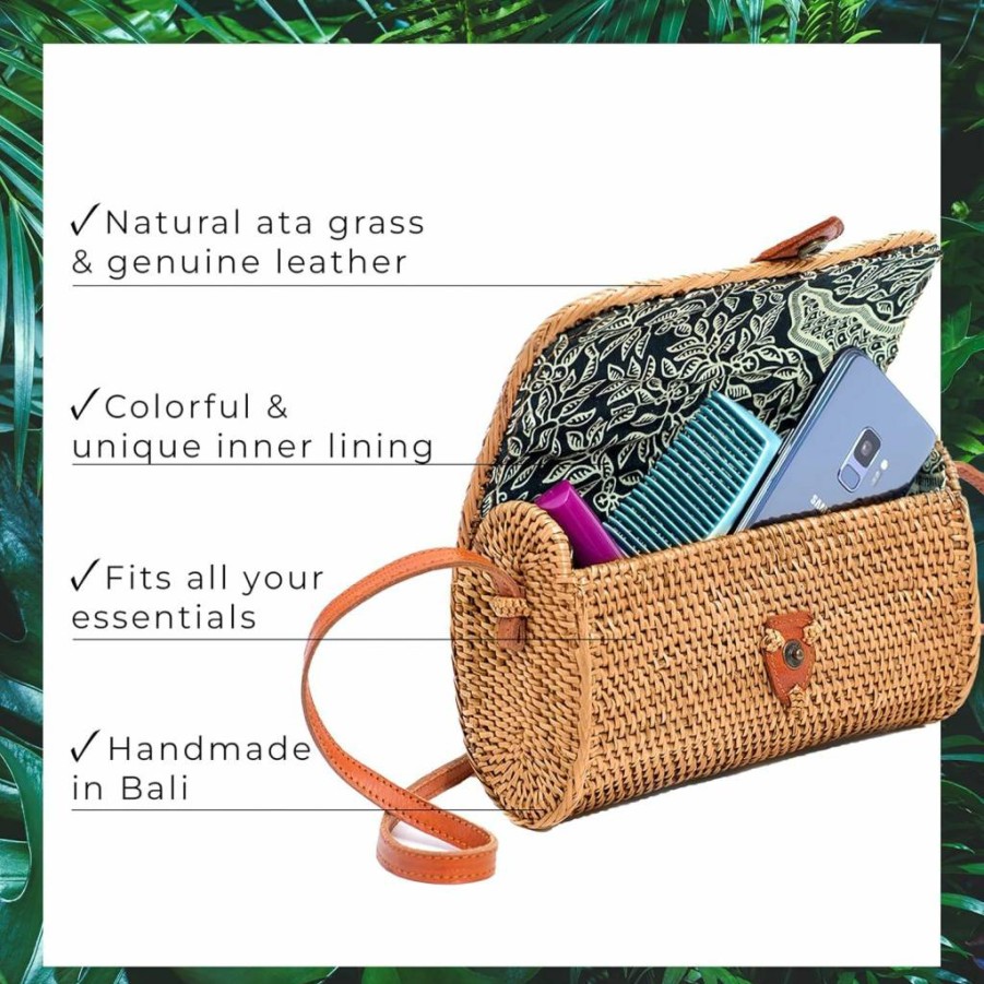 Novum Crafts Handmade Rattan Purse for Women - Boho Woven Straw Bag in Circle, Square & Oval Shapes - Brown Ata Wicker Basket