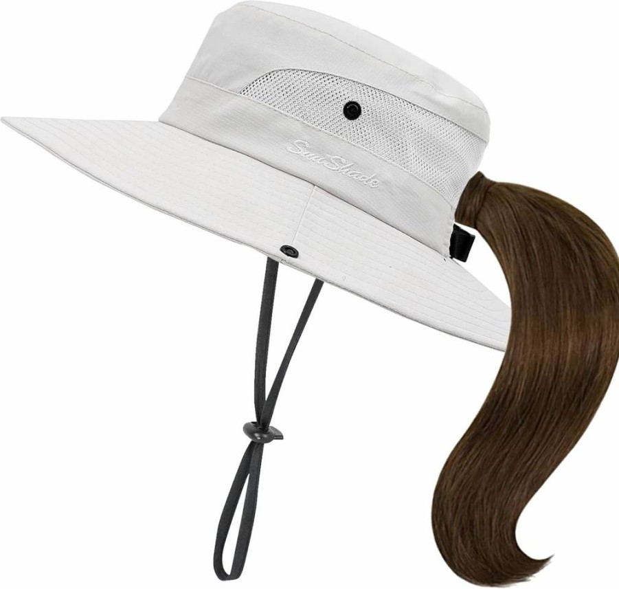 IZUS Women's UV Protection Wide Brim Summer Bucket Hat with Ponytail Hole - Breathable Mesh Classic Outdoor Sun Hat for Beach, Travel