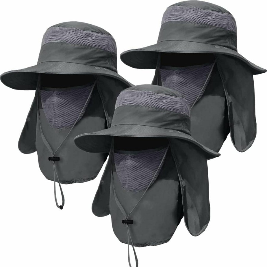 KIRAAT 3 Pack UPF 50+ Men's Sun Protection Hat Wide Brim Fishing Cap with Neck Flap for Outdoor Hiking Gardening & Beach