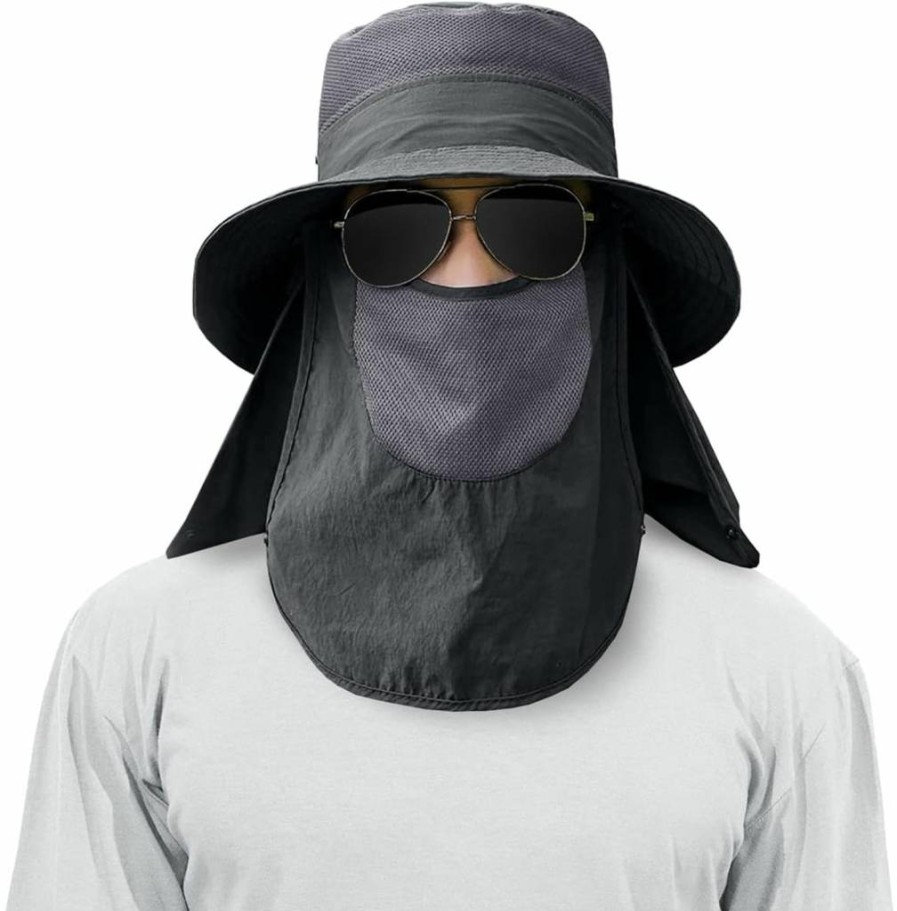 KIRAAT 3 Pack UPF 50+ Men's Sun Protection Hat Wide Brim Fishing Cap with Neck Flap for Outdoor Hiking Gardening & Beach