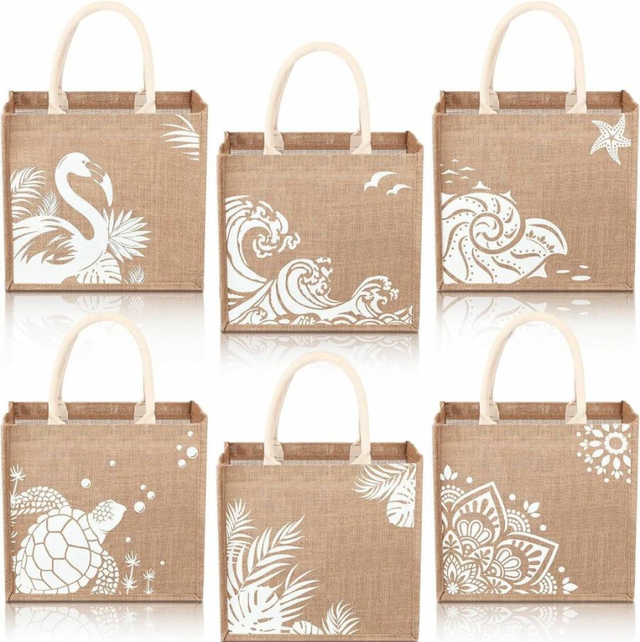 Coume 6 Pack White Jute Beach Tote Bags - 14.2x12.6x7.5 Inch Large DIY Burlap Bags for Bridesmaid Gifts, Wedding Favors, and Eco-Friendly Shopping