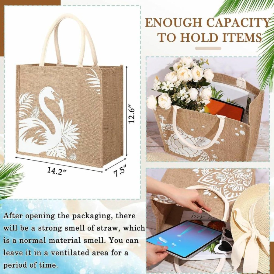 Coume 6 Pack White Jute Beach Tote Bags - 14.2x12.6x7.5 Inch Large DIY Burlap Bags for Bridesmaid Gifts, Wedding Favors, and Eco-Friendly Shopping