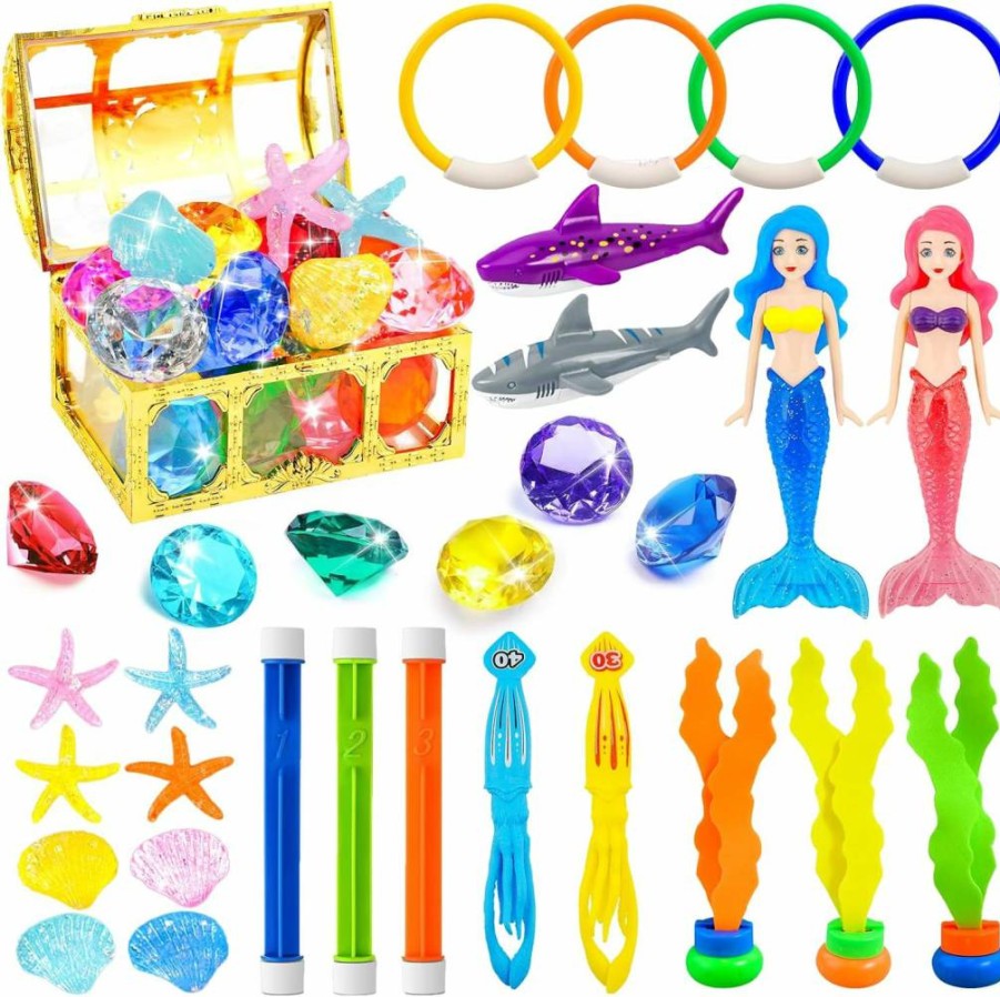 Rileryan 36-Piece Diving Pool Toys Set with Sinking Rings, Sticks, Pirate Treasure Chest, and Gems for Underwater Fun – Includes Storage Bag for Summer Swimming Games