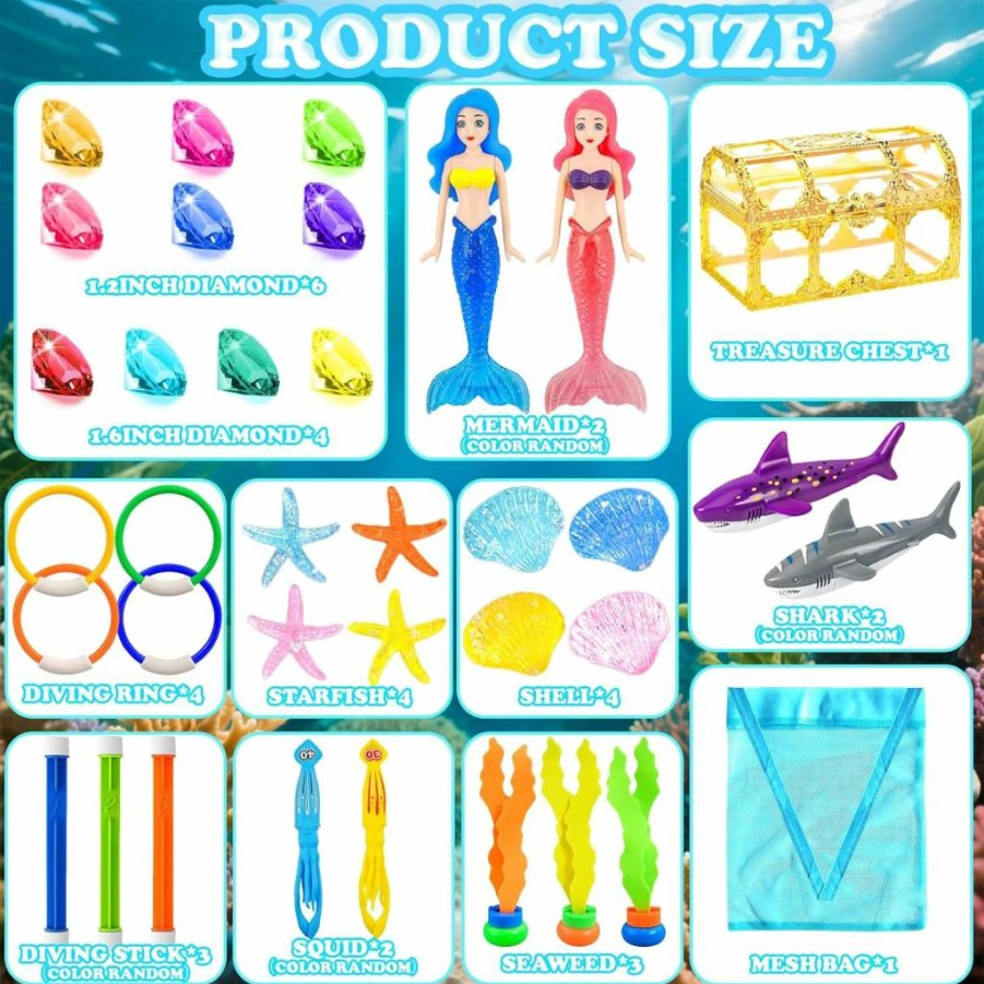 Rileryan 36-Piece Diving Pool Toys Set with Sinking Rings, Sticks, Pirate Treasure Chest, and Gems for Underwater Fun – Includes Storage Bag for Summer Swimming Games