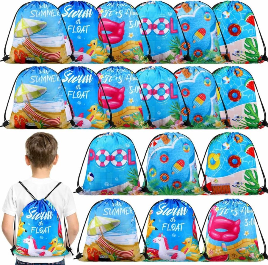 Sanwuta 18-Piece Pool Party Favor Bags - Summer Beach Drawstring Backpacks for Goodie Gifts & Party Decorations