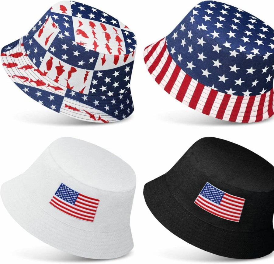 Thenshop Reversible Bucket Hat - 4 Pack American Flag & Solid Color Double Sided Summer Hats for Men & Women, Cotton Packable Fisherman Hat for Outdoor Activities