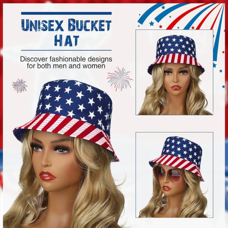 Thenshop Reversible Bucket Hat - 4 Pack American Flag & Solid Color Double Sided Summer Hats for Men & Women, Cotton Packable Fisherman Hat for Outdoor Activities