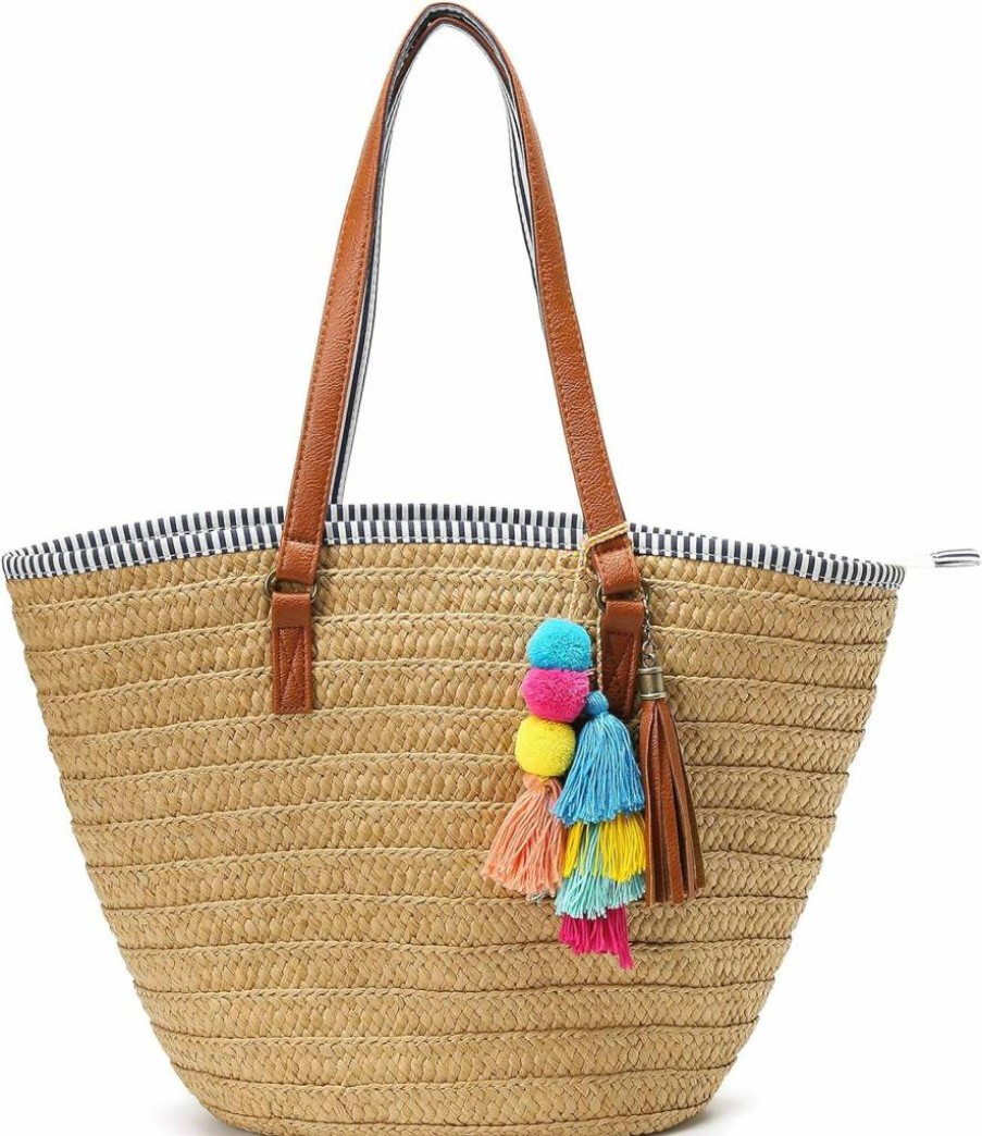 Epsion Straw Beach Bag with Tassels and Pom Poms - Handwoven Summer Tote Shoulder Purse for Women