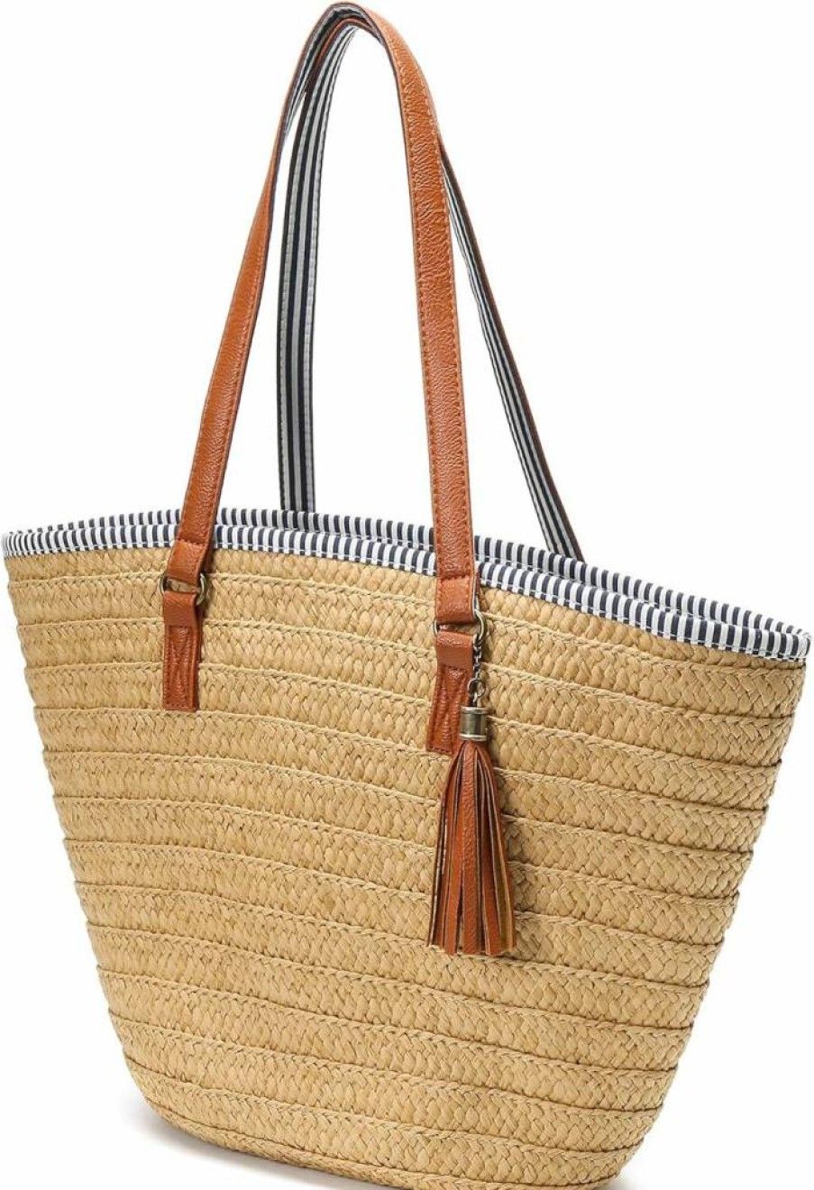 Epsion Straw Beach Bag with Tassels and Pom Poms - Handwoven Summer Tote Shoulder Purse for Women