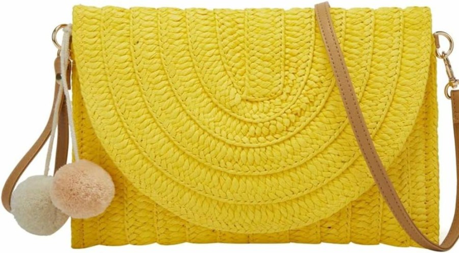 Obosoyo Women's Straw Clutch Bag Hand-Woven Crossbody Purse with Pompom Detail Summer Beach Wallet Boho Envelope Bag