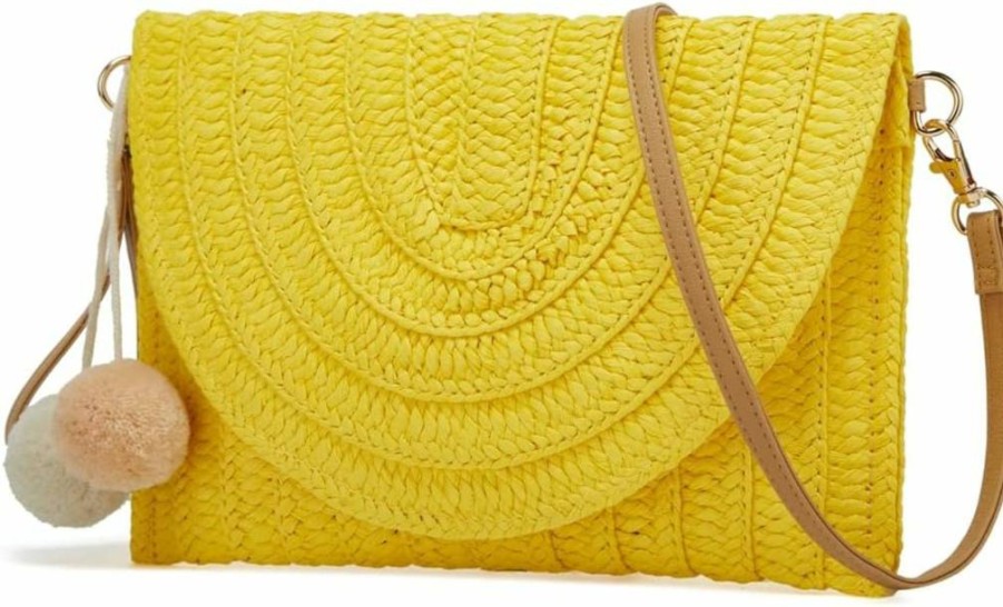 Obosoyo Women's Straw Clutch Bag Hand-Woven Crossbody Purse with Pompom Detail Summer Beach Wallet Boho Envelope Bag