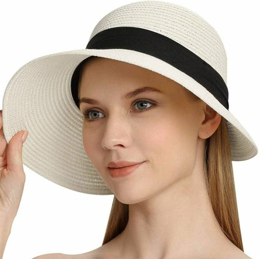 Muryobao Women's Wide Brim Straw Sun Hat Foldable Summer Beach Travel Cap UPF 50+