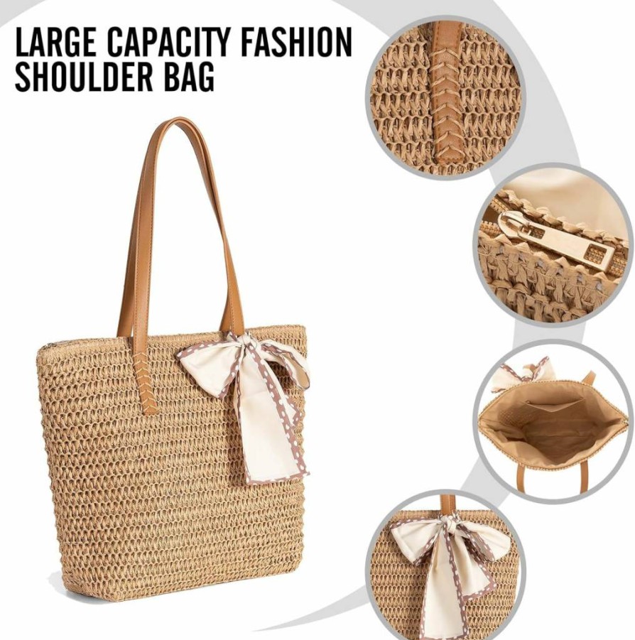 iSamzan Large Straw Beach Tote for Women - Handwoven Zippered Summer Purse, Lightweight Work & Travel Bag 2025
