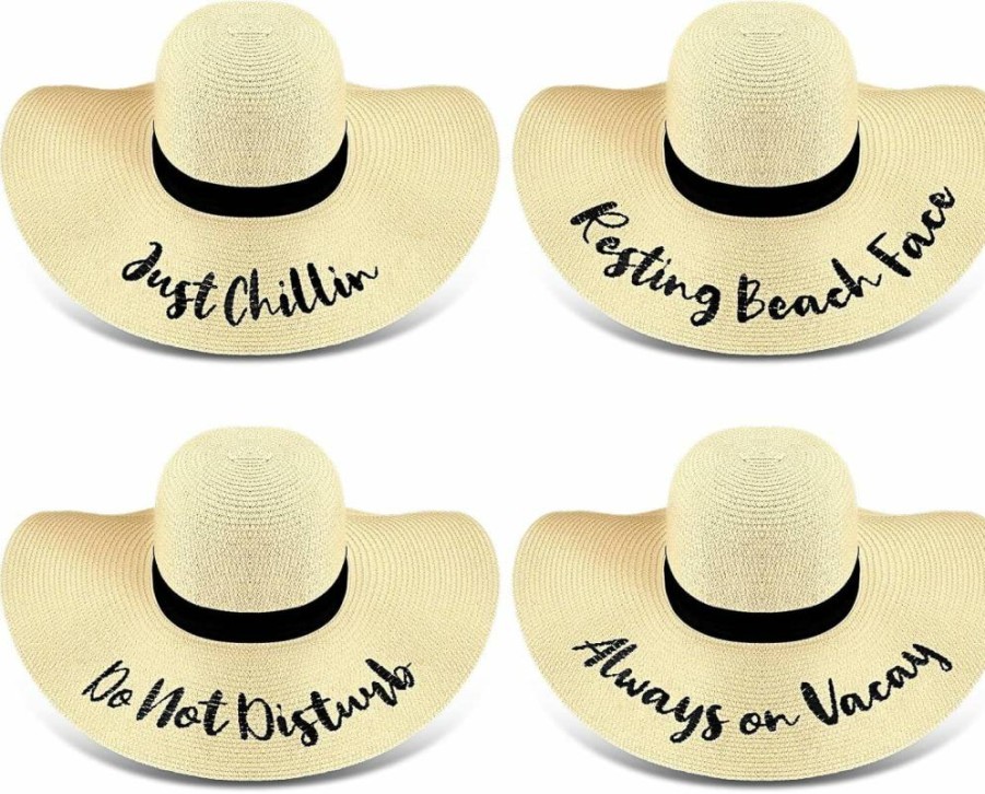 Didaey Women's Floppy Straw Hat - 4 Pack Foldable Wide Brim Beach Hat with Embroidered Design for Summer Travel