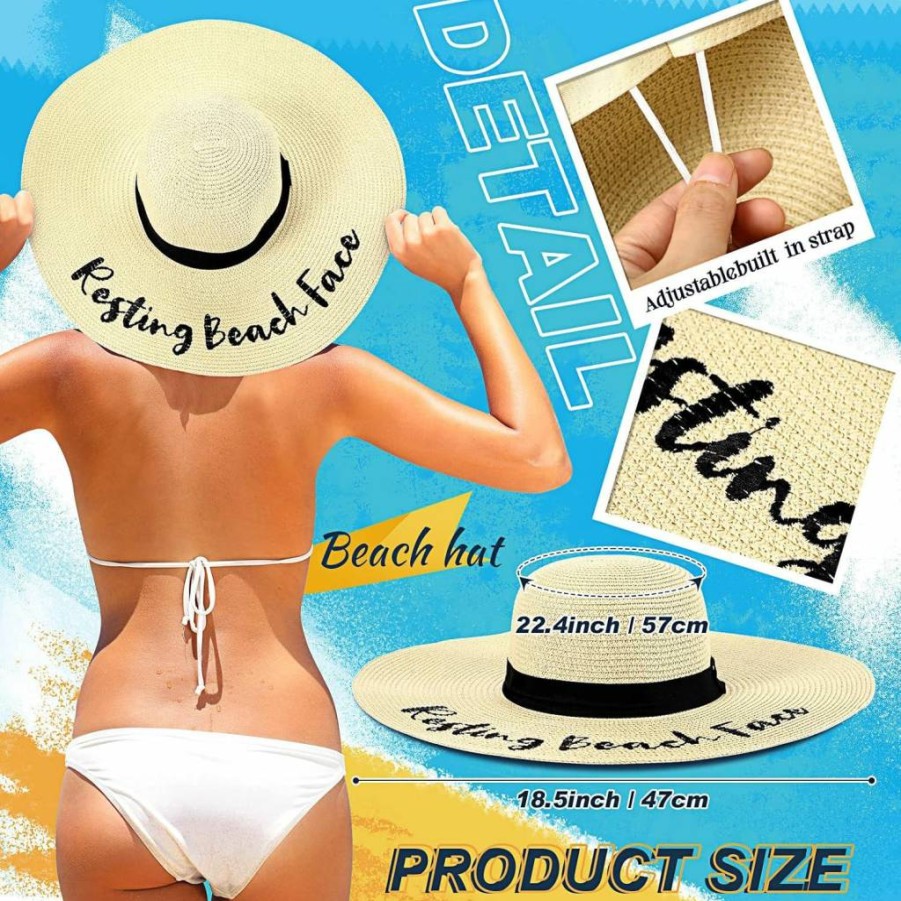 Didaey Women's Floppy Straw Hat - 4 Pack Foldable Wide Brim Beach Hat with Embroidered Design for Summer Travel