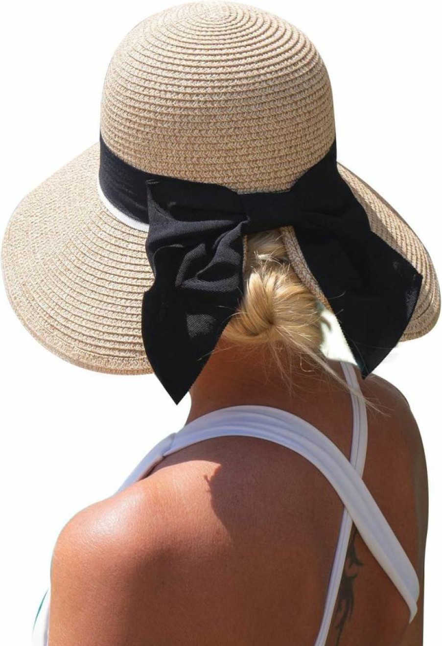 SIGGI Women's Summer Wide Brim Straw Fedora Hat UPF 50+ Packable Beach Sun Hat in Beige - Medium Size