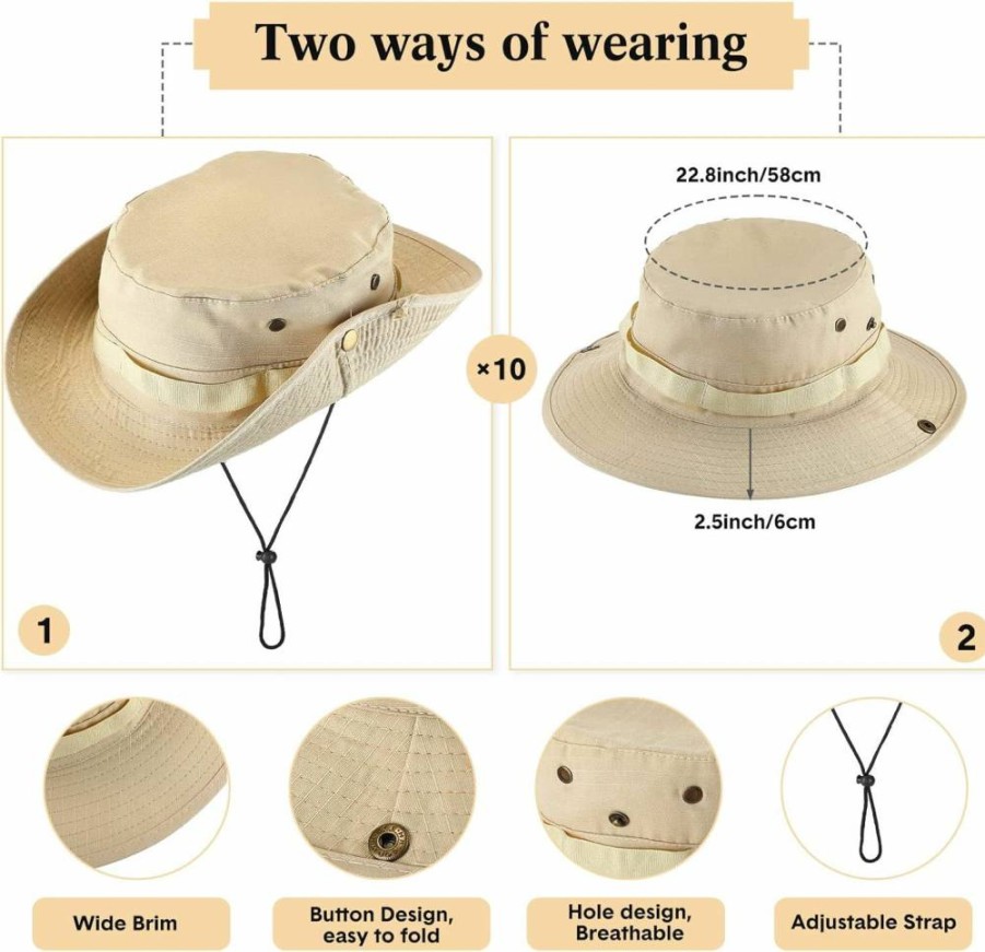 Xtinmee 10-Pack Unisex Wide Brim Bucket Hats with Chin Strap - Summer Boonie Hats for Fishing, Hiking & Outdoor Activities