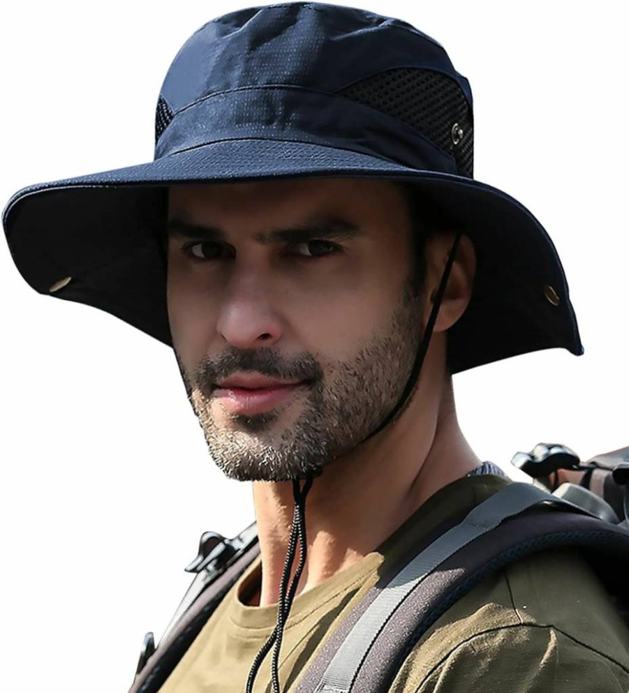 Muryobao UPF50+ Men's Sun Hat Wide Brim Breathable Mesh Safari Cap Foldable Waterproof Boonie Fishing Hat for Outdoor Activities