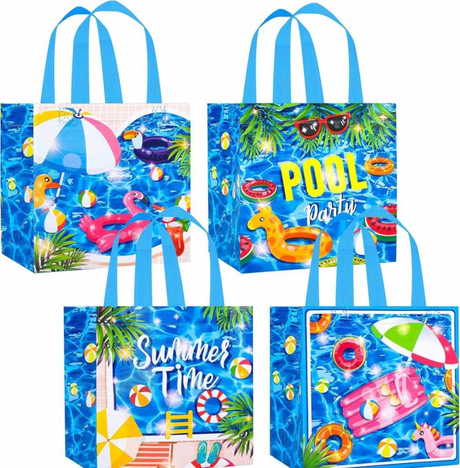 12Pcs Summer Pool Party Gift Bags with Handles - Beach Swimming Theme Non-Woven Treat Bags for Party Favors & Supplies by C L Cooper Life