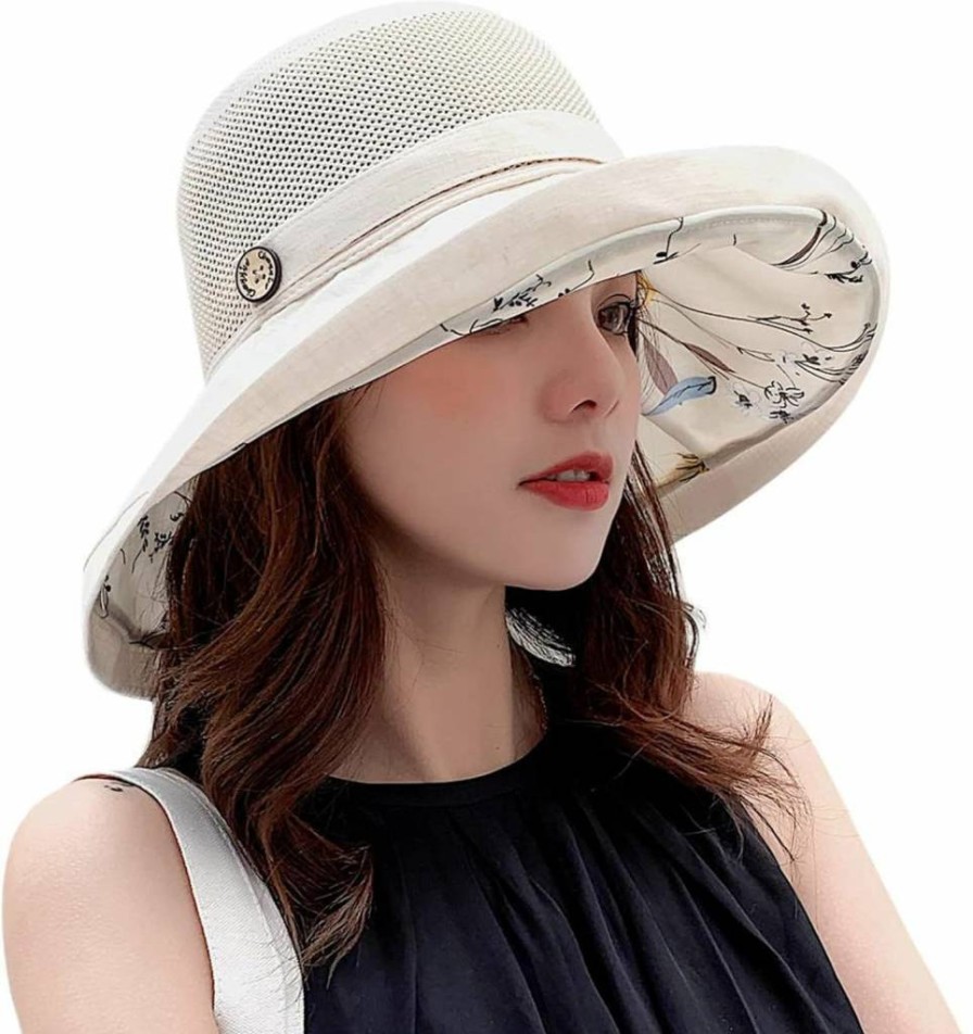 Mealah Women's Foldable Wide Brim Sun Hat UV Protection Mesh Summer Beach Bucket Cap with Chin Strap for Outdoor Fishing