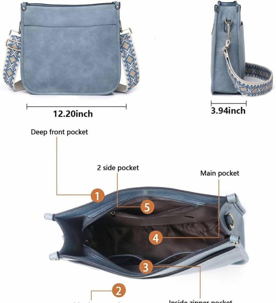 AUYOCO Vegan Leather Crossbody Bag for Women with Guitar Strap and Zipped Pockets - Stylish Shoulder Handbag Purse