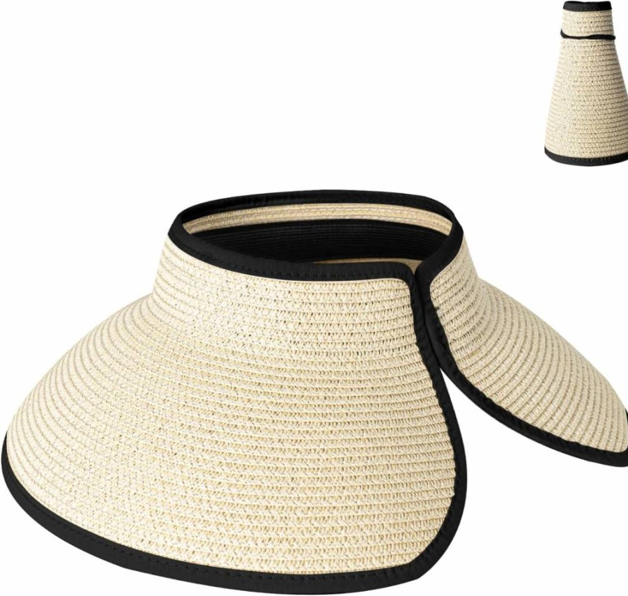 Rosoz Women's Wide Brim Straw Sun Hat - Foldable Floppy Beach Visor with Ponytail Hole for Outdoor Summer Protection