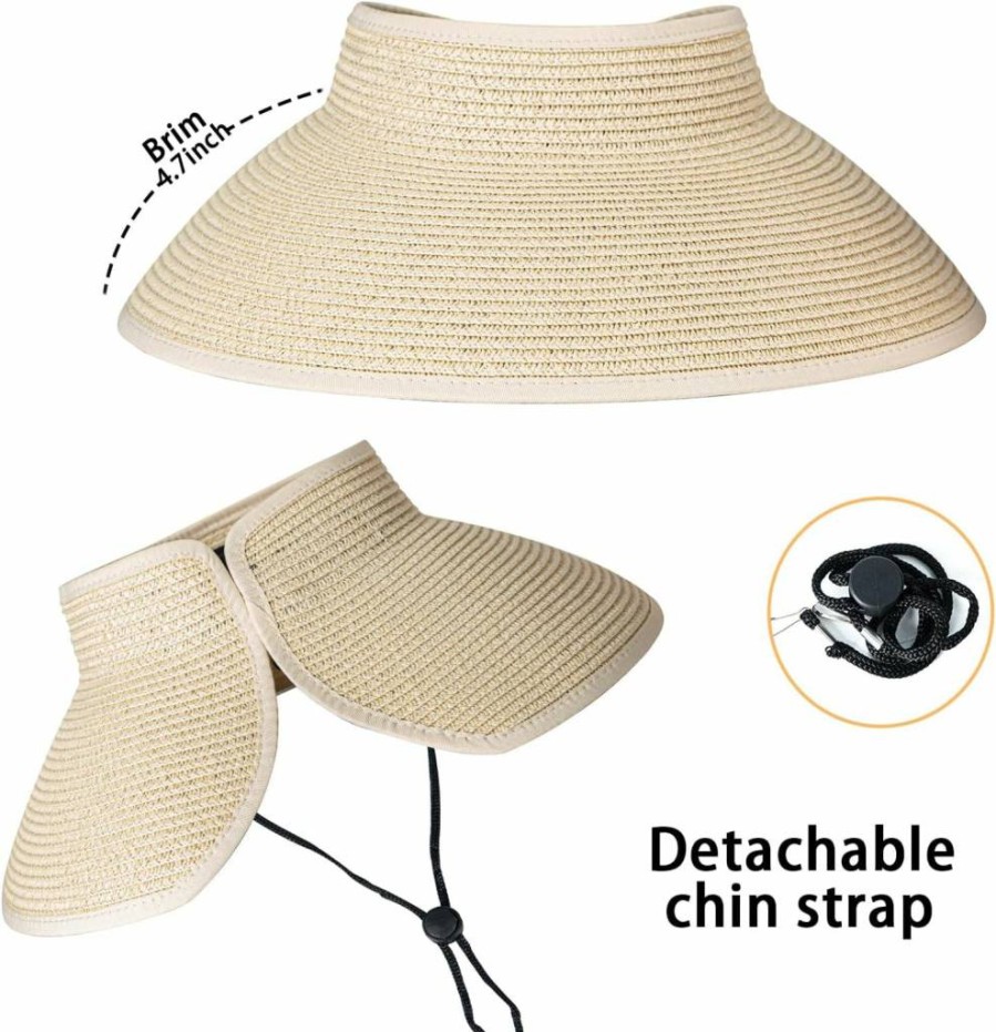 Rosoz Women's Wide Brim Straw Sun Hat - Foldable Floppy Beach Visor with Ponytail Hole for Outdoor Summer Protection