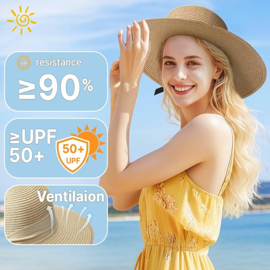 Trifabricy Women's UPF 50+ Wide Brim Straw Sun Hat - Foldable Floppy Beach Hat for Summer UV Protection