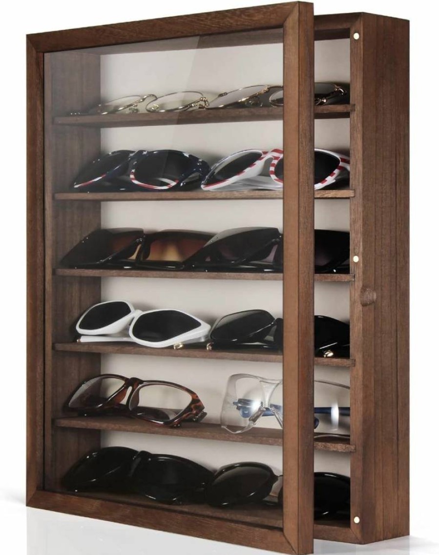 TJ.MOREE Rustic Wood Eyeglasses Holder - Wall Mounted Sunglasses Organizer, 13 x 15.6 Inches Display Case, Large Glasses Storage Box, White