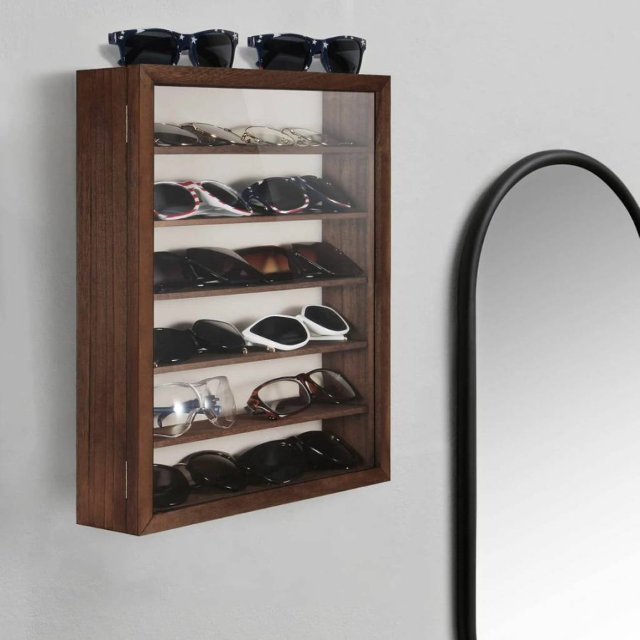 TJ.MOREE Rustic Wood Eyeglasses Holder - Wall Mounted Sunglasses Organizer, 13 x 15.6 Inches Display Case, Large Glasses Storage Box, White