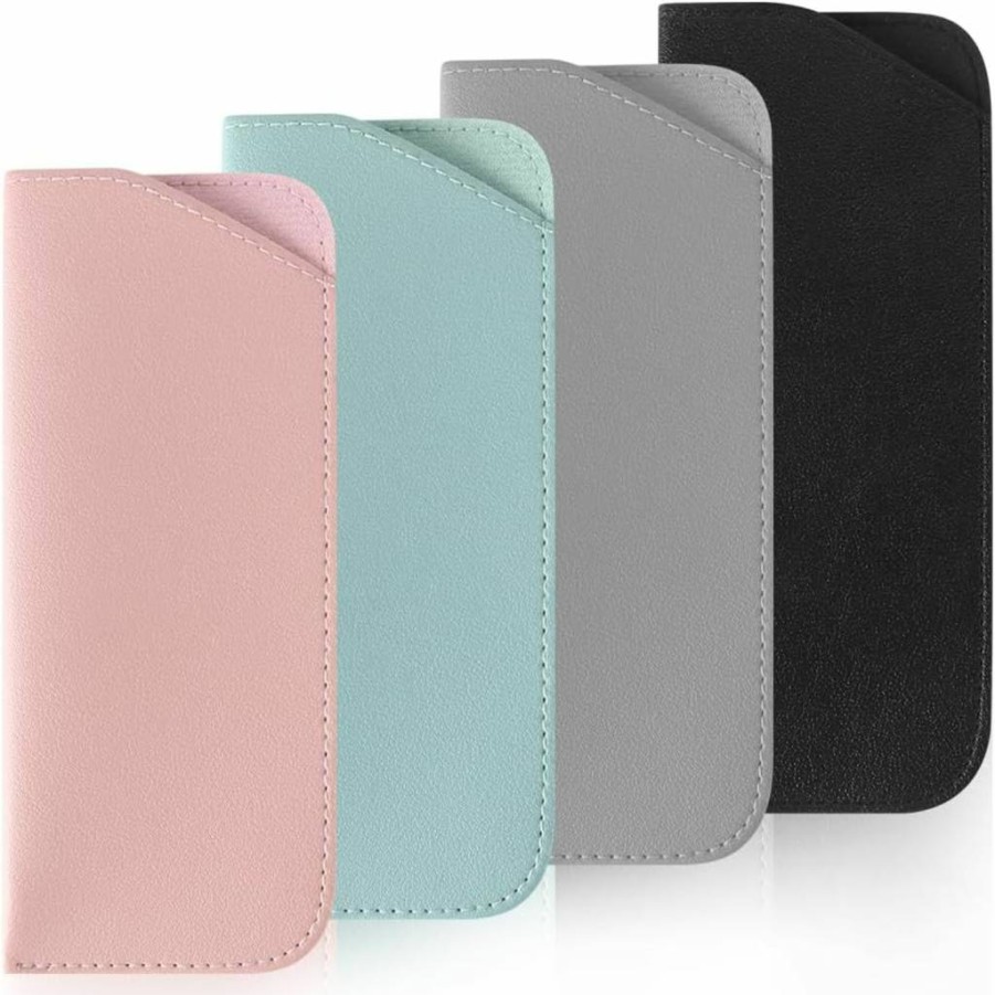 TIECHI 4 Pack Soft PU Leather Eyeglass Cases - Portable Squeeze Top Glasses Pouch for Men & Women, Sunglass Holder Travel Accessories