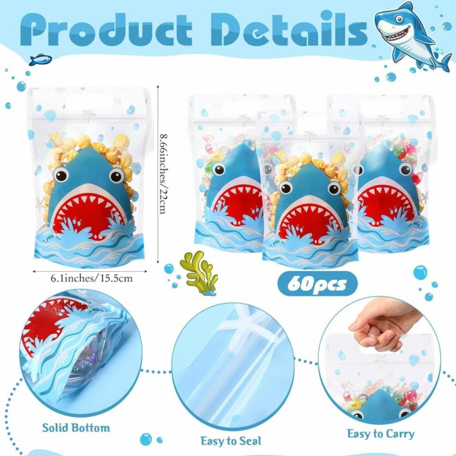 Teenyyou 60 Pcs Shark Themed Party Favor Bags - Reusable Plastic Gift Bags with Handles for Ocean Birthday Party Supplies