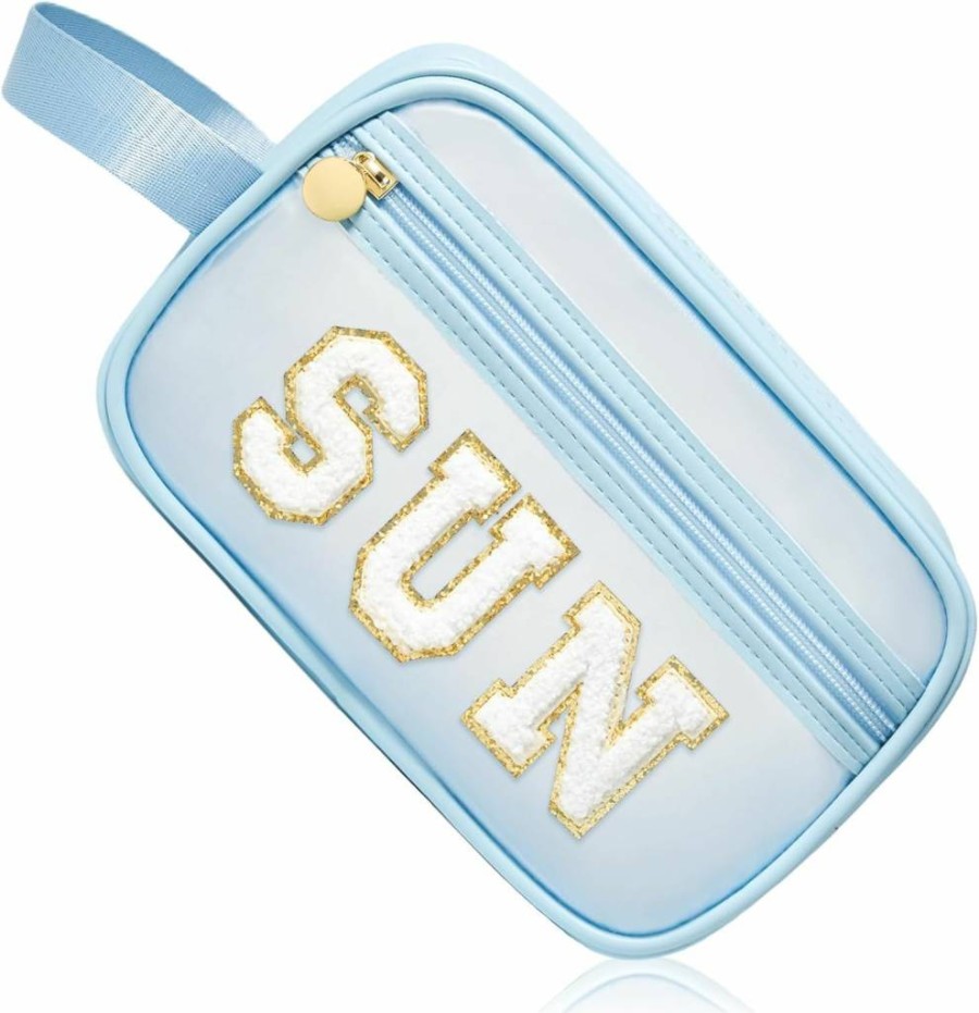 COSHAYSOO Clear Makeup Bag with Chenille Letter Patch, Waterproof SPF Travel Cosmetic Pouch for Women & Teens, Cute Toiletry Organizer for Beach, Gym, and Travel Gifts