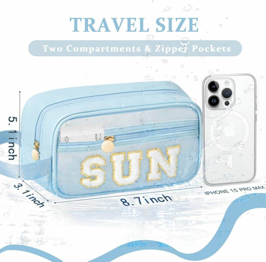 COSHAYSOO Clear Makeup Bag with Chenille Letter Patch, Waterproof SPF Travel Cosmetic Pouch for Women & Teens, Cute Toiletry Organizer for Beach, Gym, and Travel Gifts