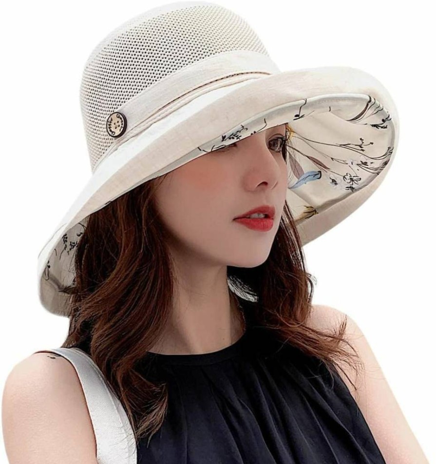 UTOWO Women's Summer UV Protection Wide Brim Packable Bucket Hat - Foldable Mesh Beach Sun Hat for Travel